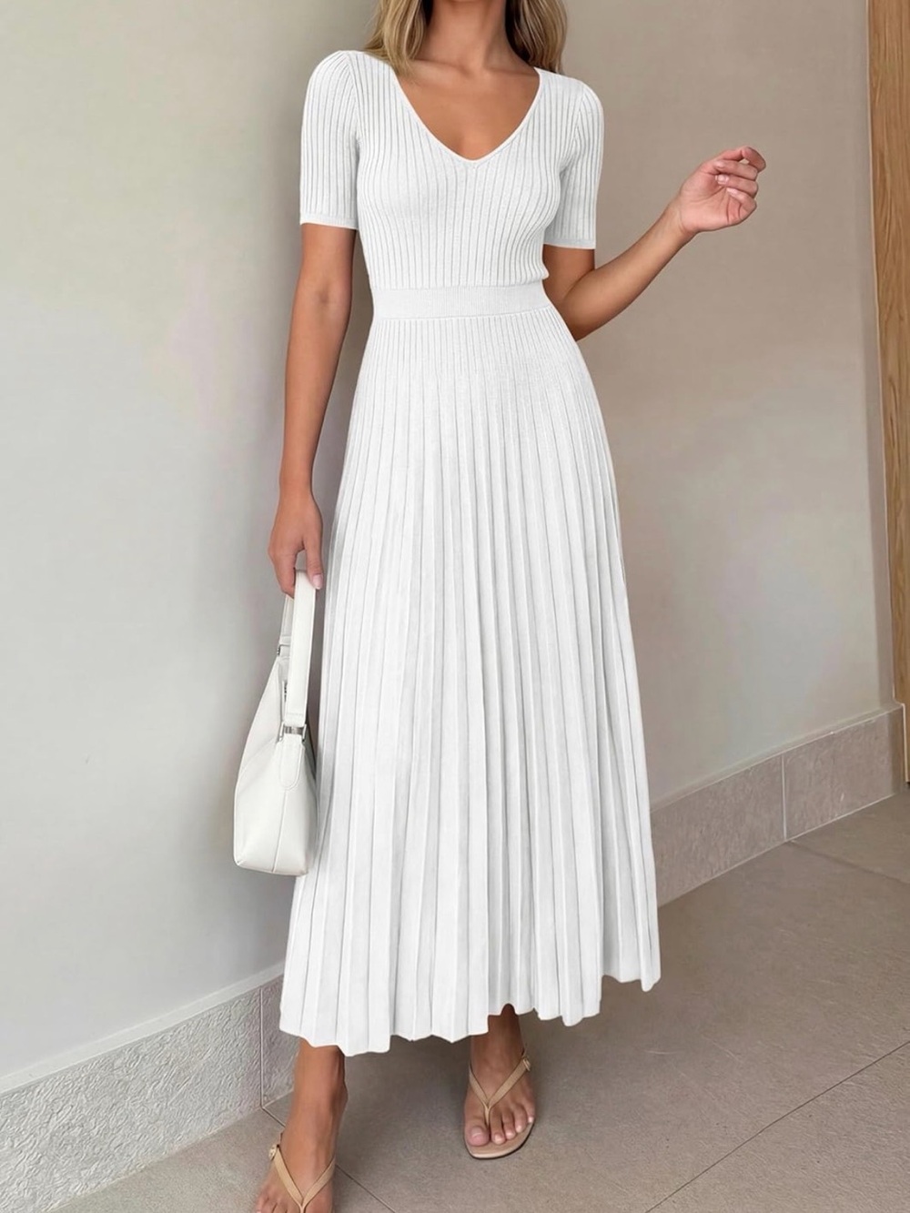 Elegant White Ribbed Pleated Midi Dress
